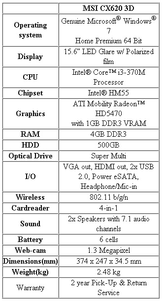 MSI presenta il notebook CX620 3D 2