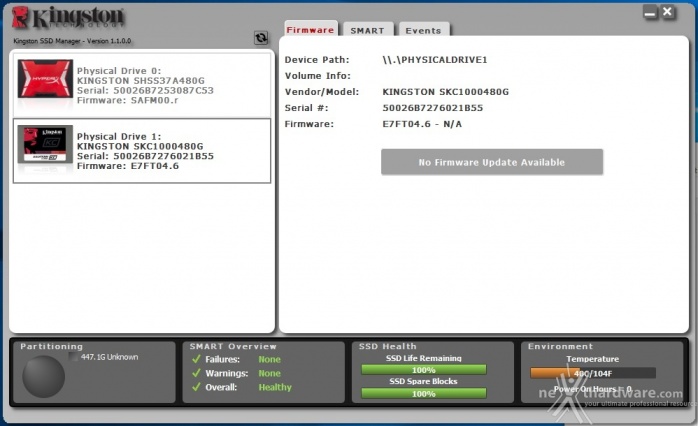 Kingston KC1000 480GB 3. Firmware - TRIM - Kingston SSD Manager 2