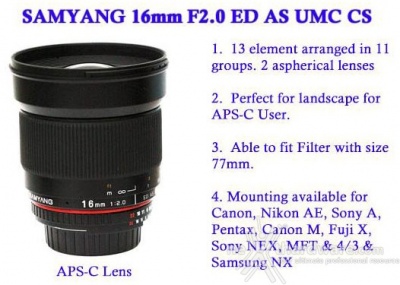 Samyang presenta il 16mm F2.0 ED AS UMC CS per fotocamere APS-C 1